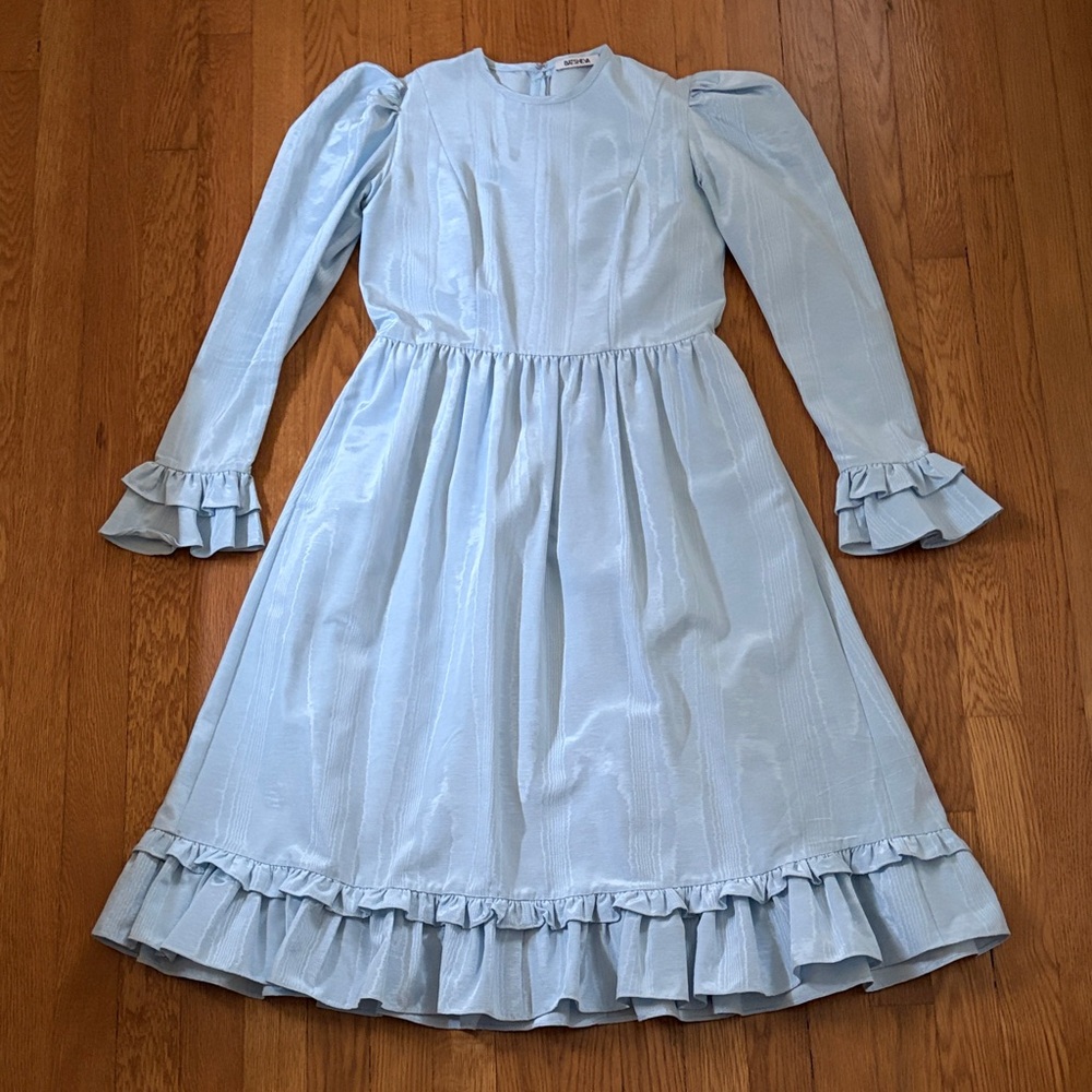 Batsheva Prairie Light Blue Ruffle Hem Long Sleeve Dress